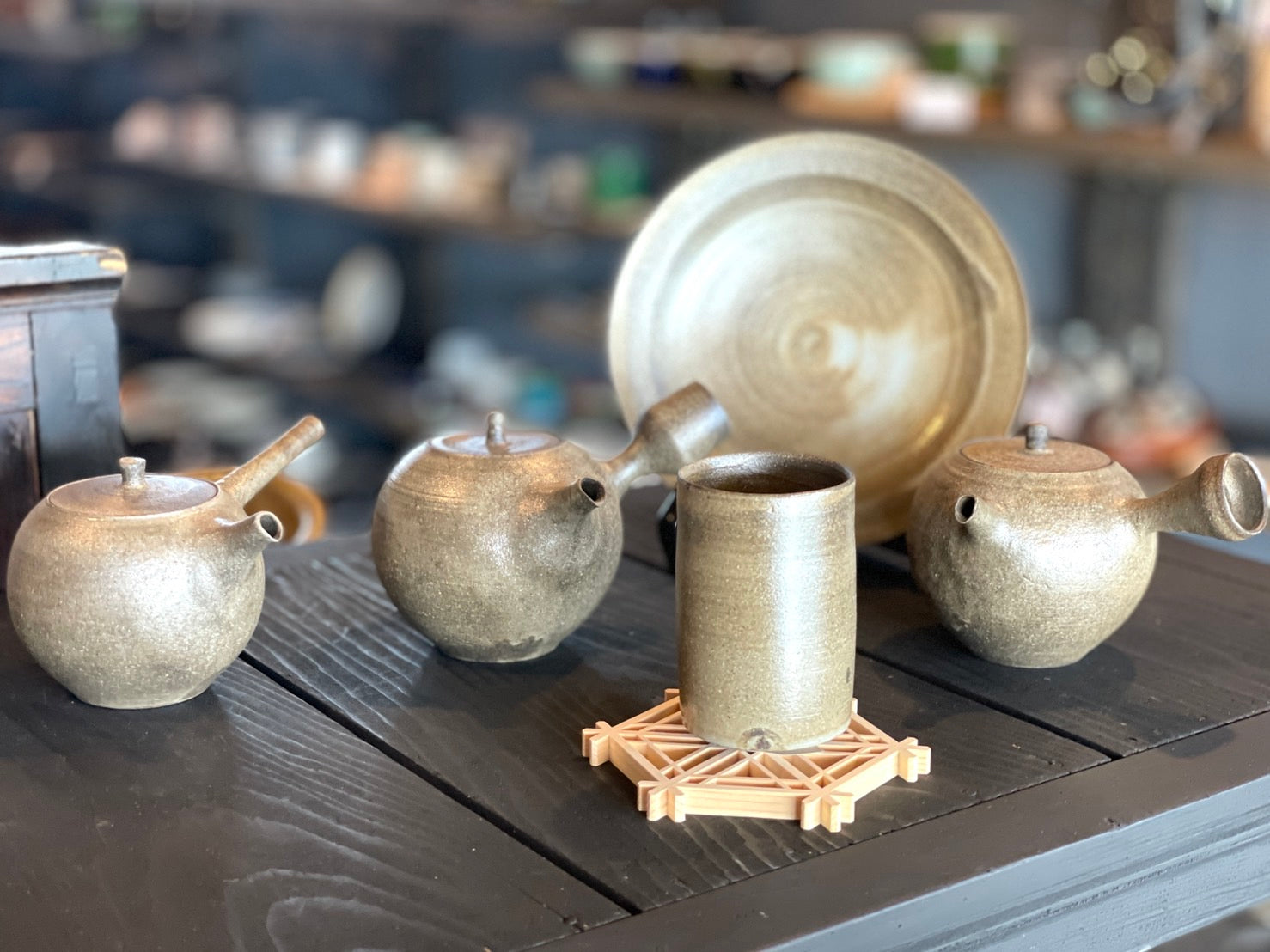 茶盤 中国茶道具 花と鳥 丸型 陶器製